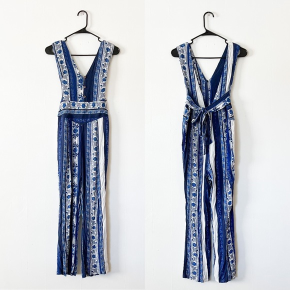 Free People All Shook Up Blue Print Sleeveless Jumpsuit - Picture 4 of 7